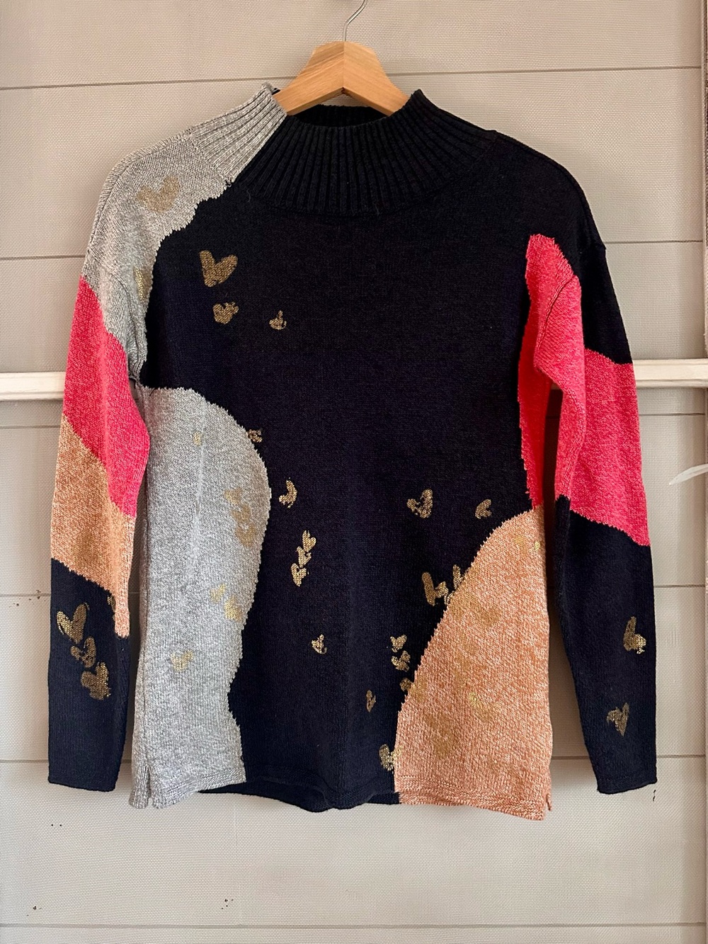 Nic+Zoe Multi-Color Heart Pattern Mock Neck Sweater